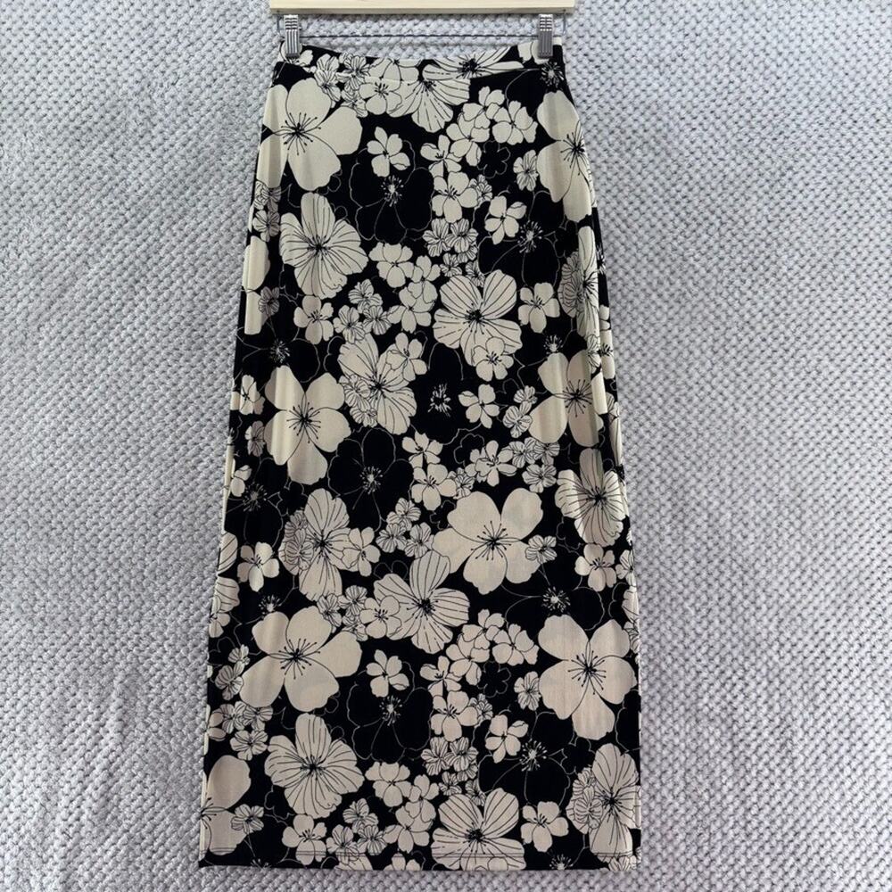 Notation Skirt Womens S Black Cream Floral Stretch Maxi PullOn Elastic Waist